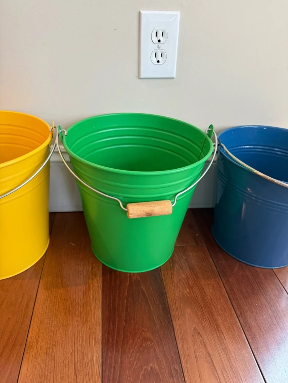 IKEA Yellow, Green, and Blue Metal Buckets with Wooden Handles